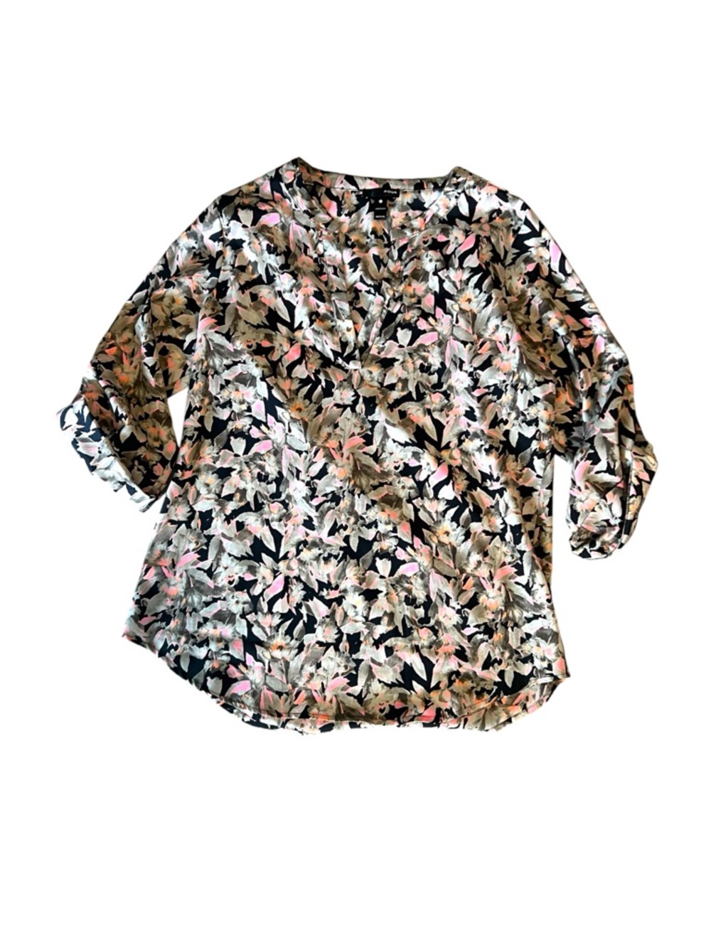 Aqua Floral V-Neck Colorful Blouse, Size Large, Black White Pink, EUC